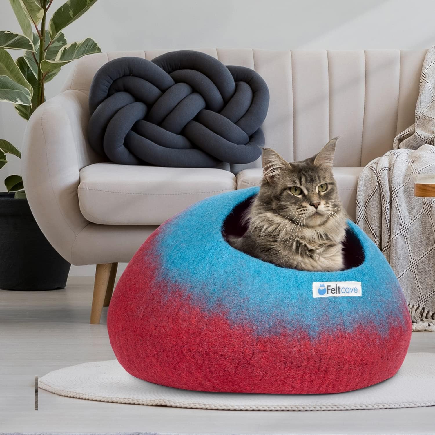 Large Cat Cave Bed | Maroon & Aqua | Cute and Cozy Cat Cave Handcrafted Merino Wool | Hideaway for Indoor Cats | Warming Nest for Kitty | Washable Wool Fabric - Gift for Pets