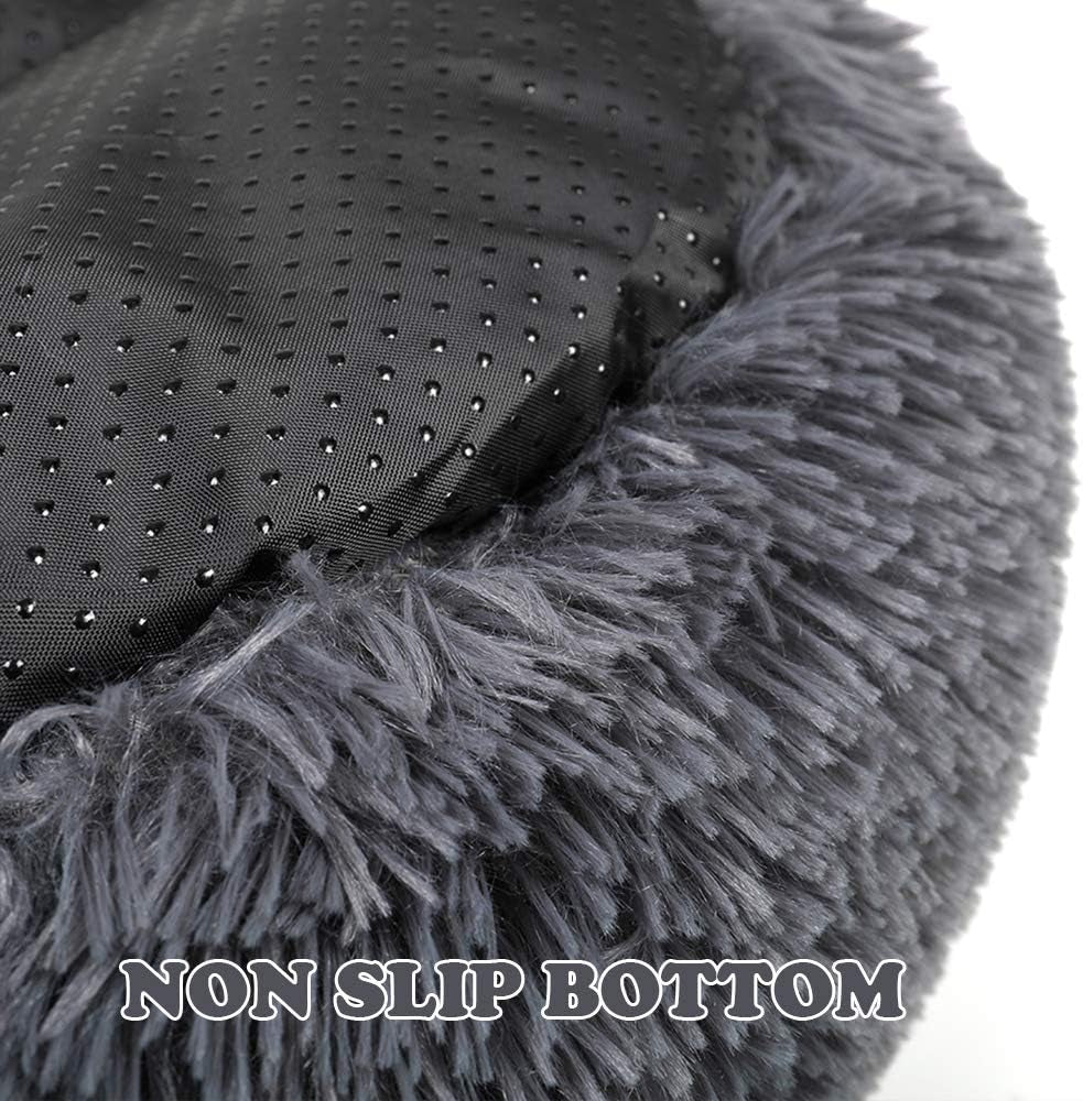 round Donut Dog Bed for Small Dogs, Washable Cat Calming Bed Cuddler anti Anxiety Fluffy Plush Dog Cat Bed with Non-Slip Waterproof Bottom (23.6", Dark Grey)