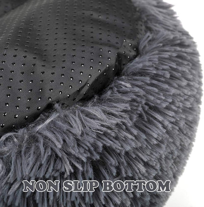 round Donut Dog Bed for Small Dogs, Washable Cat Calming Bed Cuddler anti Anxiety Fluffy Plush Dog Cat Bed with Non-Slip Waterproof Bottom (23.6", Dark Grey)