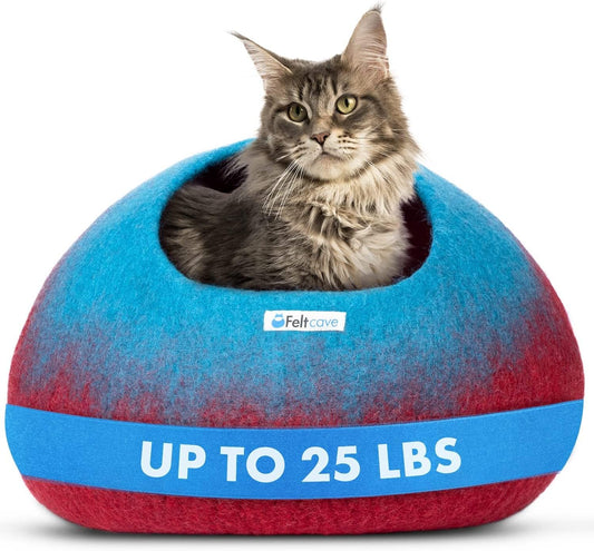 Large Cat Cave Bed | Maroon & Aqua | Cute and Cozy Cat Cave Handcrafted Merino Wool | Hideaway for Indoor Cats | Warming Nest for Kitty | Washable Wool Fabric - Gift for Pets