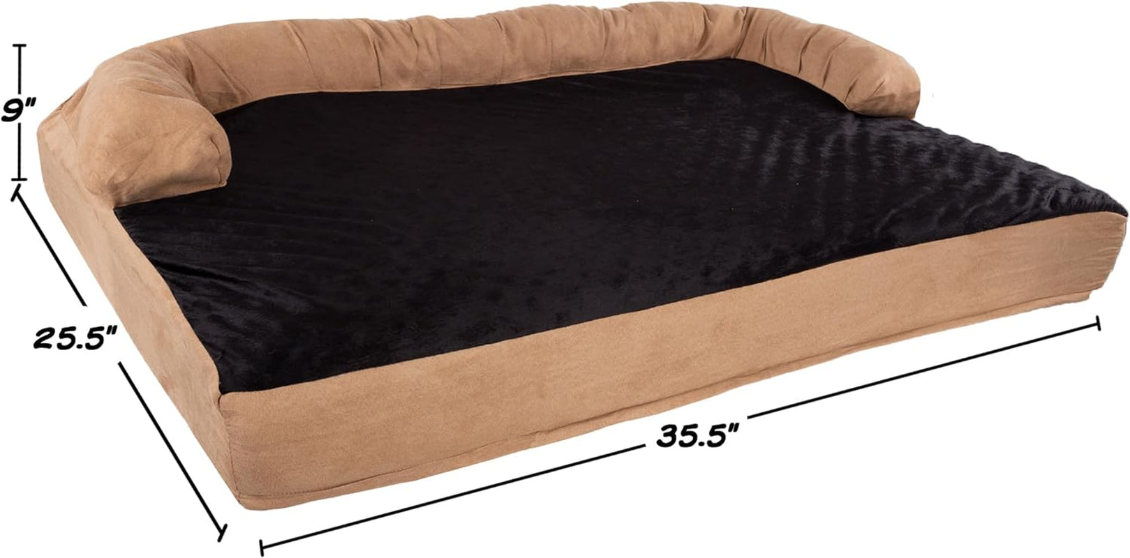Sofa Dog Bed – 35.5X25.5 Pet Bed - 3-Layer Orthopedic Dog Couch with Cooling Gel, Memory Foam and Neck Bolster (Tan/Black), Large