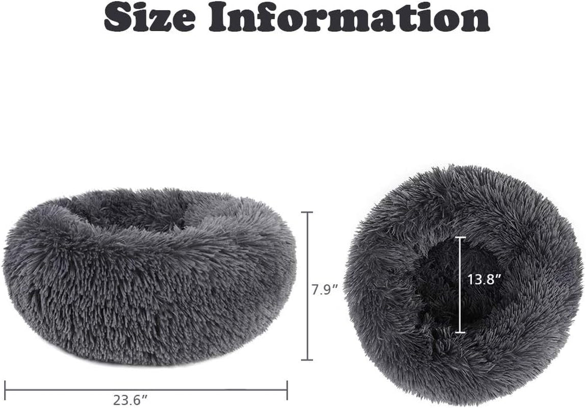 round Donut Dog Bed for Small Dogs, Washable Cat Calming Bed Cuddler anti Anxiety Fluffy Plush Dog Cat Bed with Non-Slip Waterproof Bottom (23.6", Dark Grey)