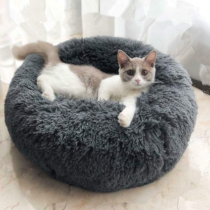 round Donut Dog Bed for Small Dogs, Washable Cat Calming Bed Cuddler anti Anxiety Fluffy Plush Dog Cat Bed with Non-Slip Waterproof Bottom (23.6", Dark Grey)