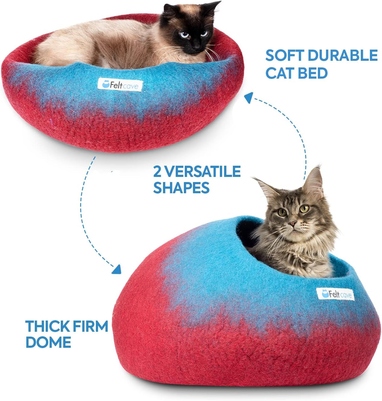 Large Cat Cave Bed | Maroon & Aqua | Cute and Cozy Cat Cave Handcrafted Merino Wool | Hideaway for Indoor Cats | Warming Nest for Kitty | Washable Wool Fabric - Gift for Pets