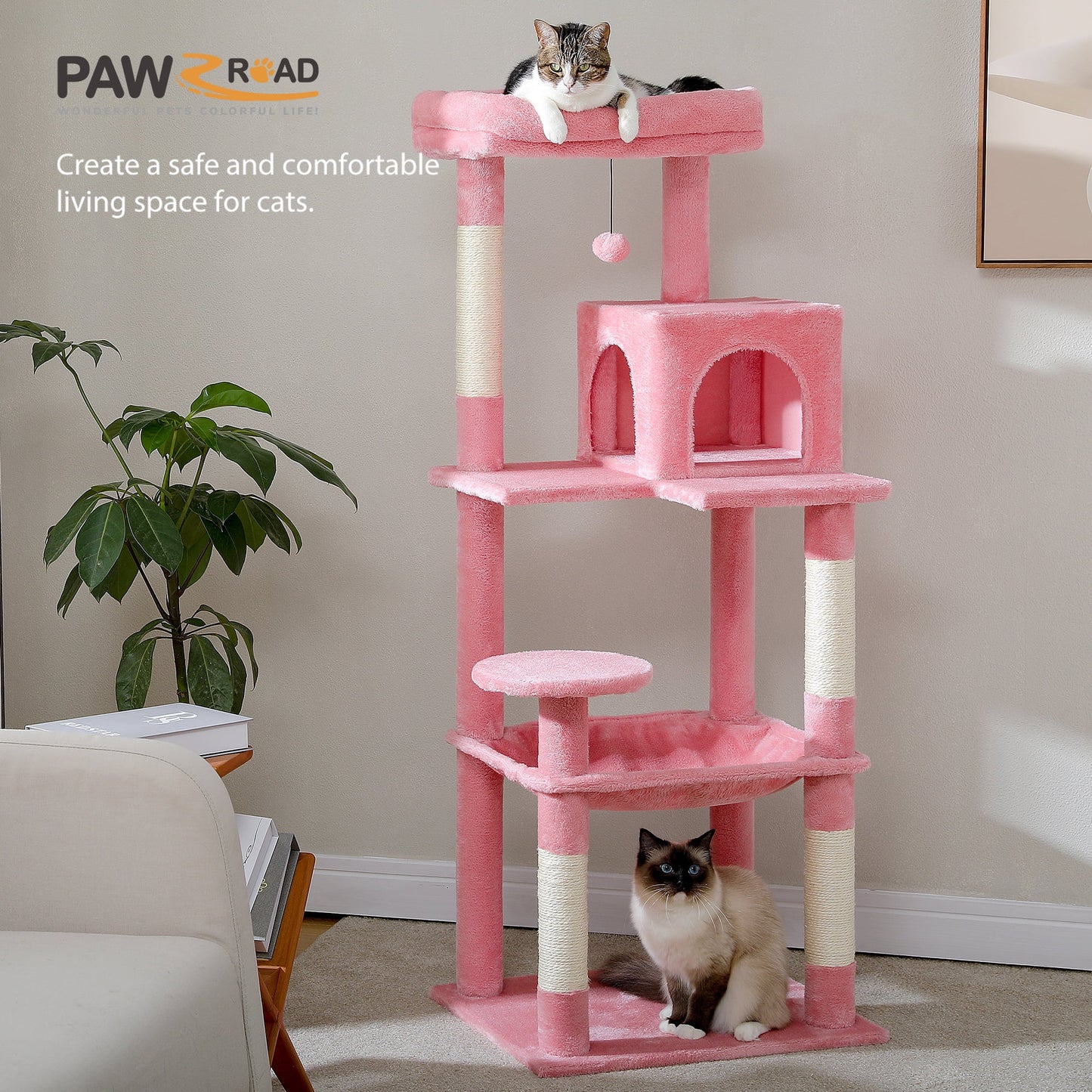Cat Tree 56" Sisal Scratching Posts Tower with Large Perch Hammock for All Indoor Cats,Pink