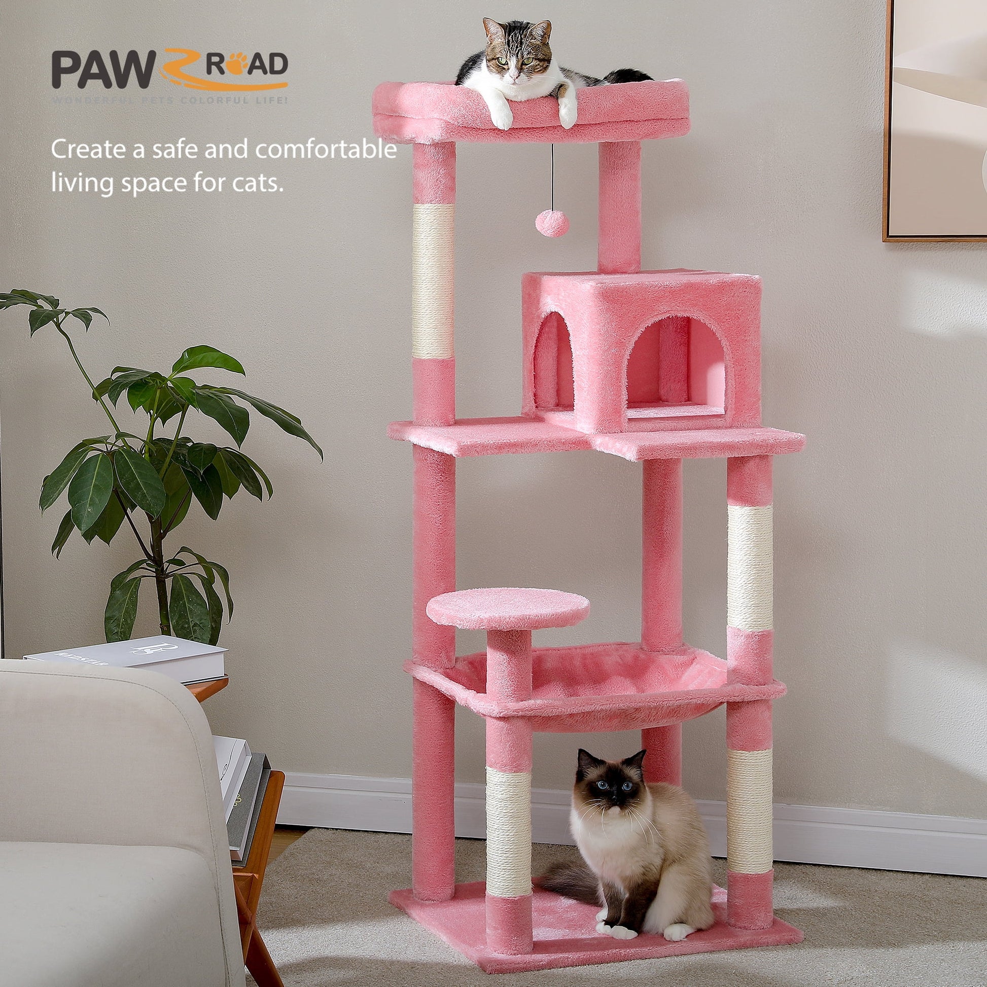 Cat Tree 56" Sisal Scratching Posts Tower with Large Perch Hammock for All Indoor Cats,Pink