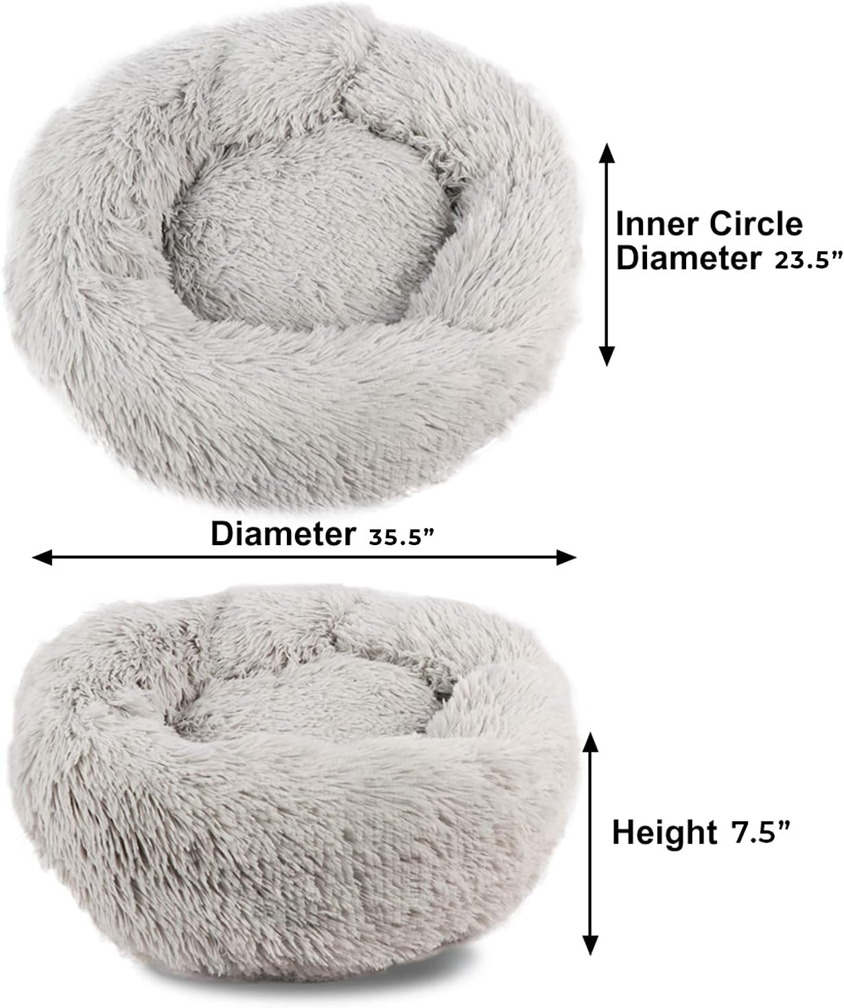 Long Plush Comfy Calming & Self-Warming Bed for Dog & Cat, anti Anxiety, Furry, Soothing, Fluffy, Washable Ped Bed (Large, Gray)