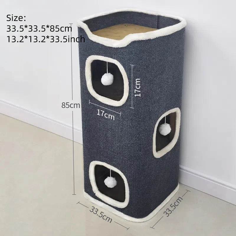 3-Tiers Cat Bed Pet House Covered Cave with Soft Mat Large Hideaway Cat Tent with Fluffy Ball Hanging