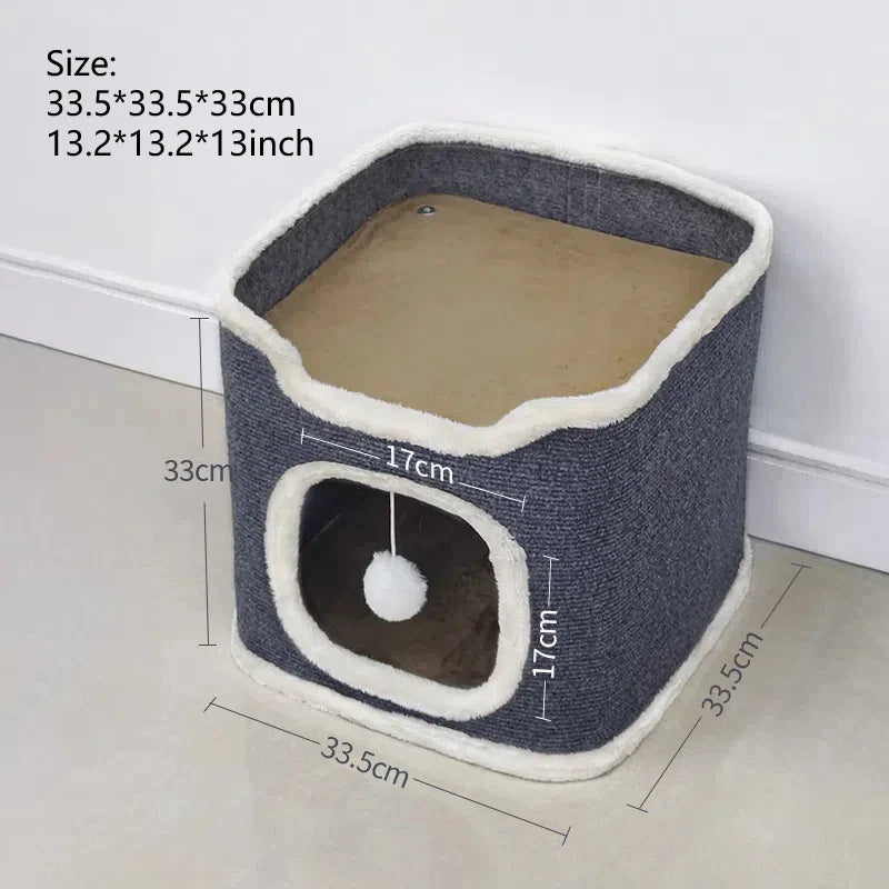 3-Tiers Cat Bed Pet House Covered Cave with Soft Mat Large Hideaway Cat Tent with Fluffy Ball Hanging