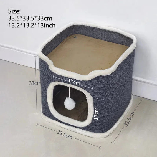 3-Tiers Cat Bed Pet House Covered Cave with Soft Mat Large Hideaway Cat Tent with Fluffy Ball Hanging