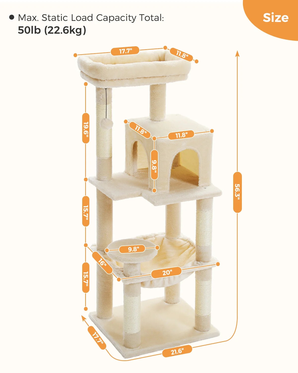 Cat Tree 56" Sisal Scratching Posts Tower with Large Perch Hammock for All Indoor Cats,Upgrade Beige
