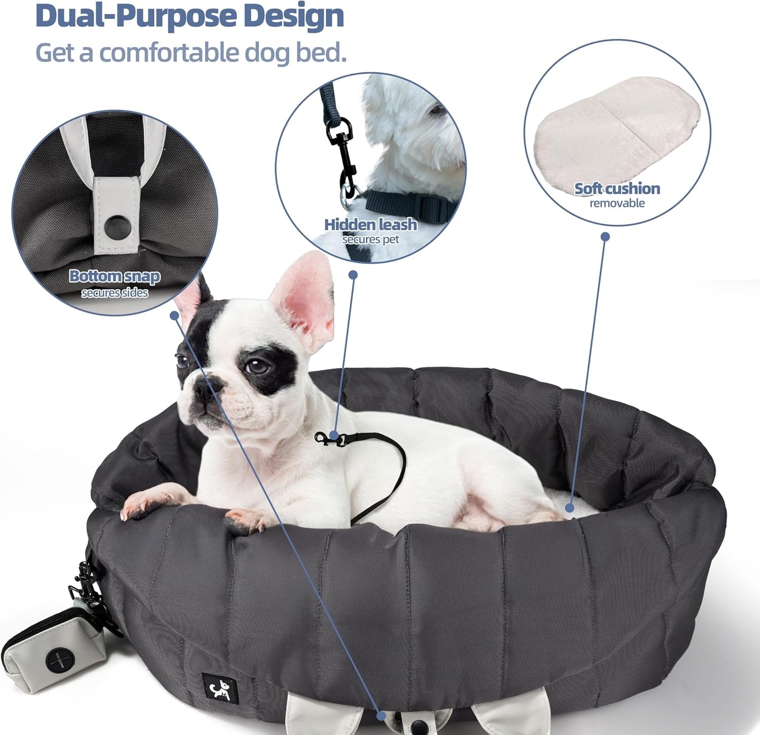 Dog Bag Carrier for Small and Medium Dogs, Waterproof and Washable, Travel Pets Purse up to 15 Lbs, Car Seat & Bed, Adjustable Leashes, Monet Grey