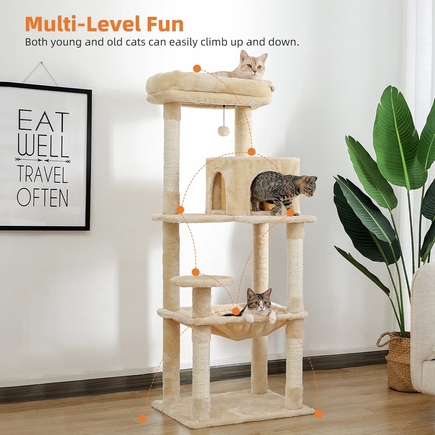 Cat Tree 56" Sisal Scratching Posts Tower with Large Perch Hammock for All Indoor Cats,Upgrade Beige