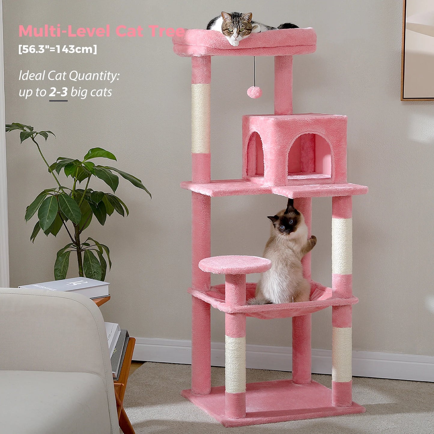 Cat Tree 56" Sisal Scratching Posts Tower with Large Perch Hammock for All Indoor Cats,Pink