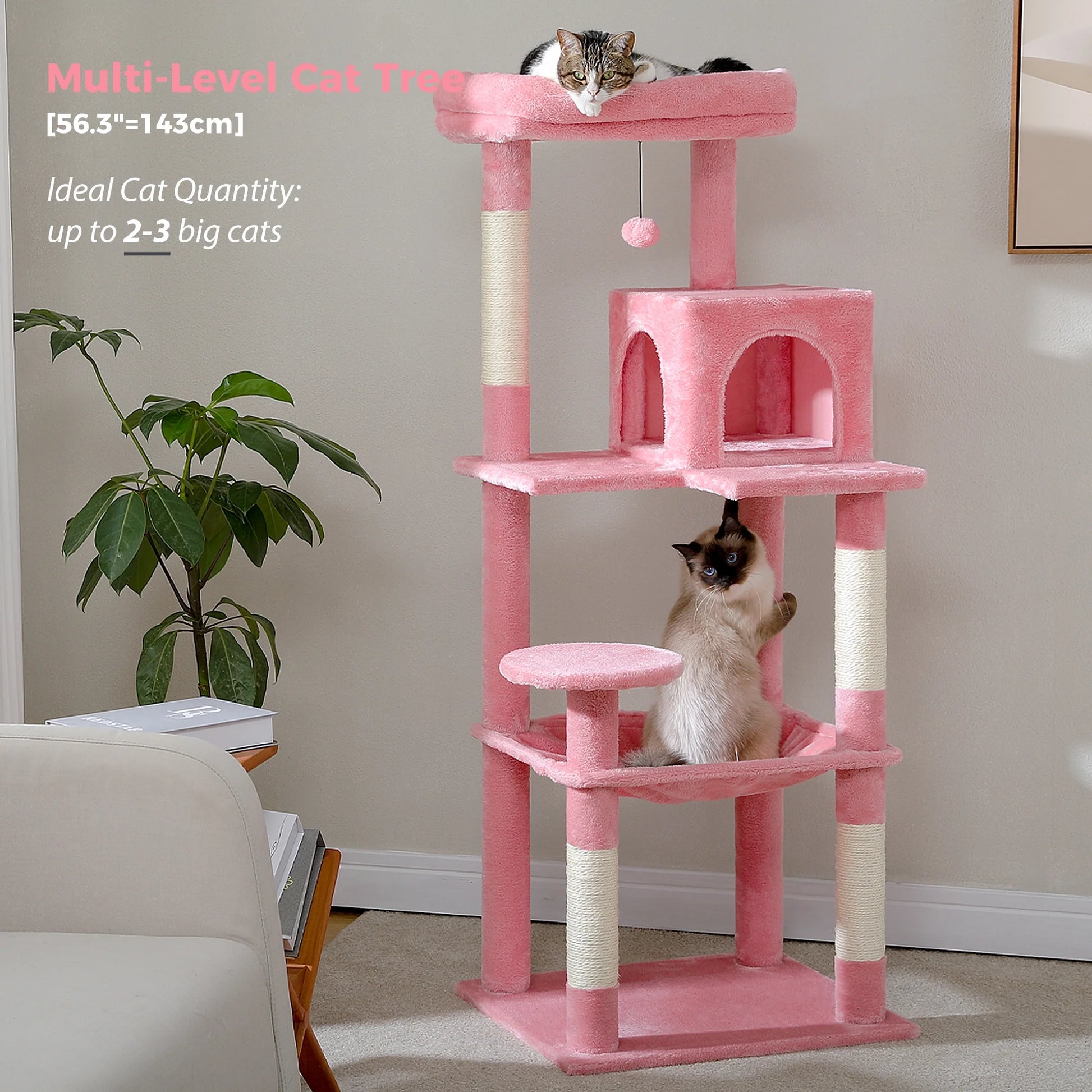 Cat Tree 56" Sisal Scratching Posts Tower with Large Perch Hammock for All Indoor Cats,Pink