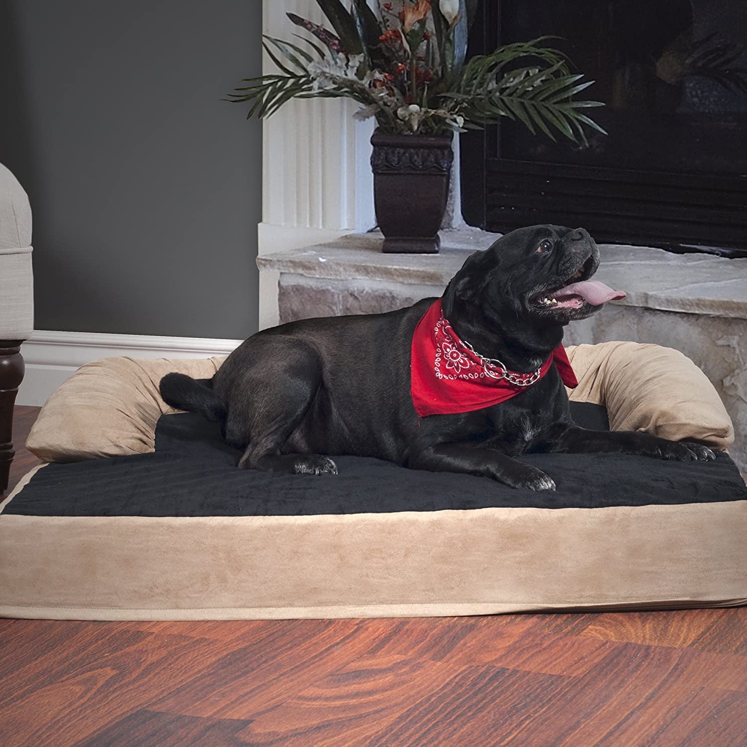 Sofa Dog Bed – 35.5X25.5 Pet Bed - 3-Layer Orthopedic Dog Couch with Cooling Gel, Memory Foam and Neck Bolster (Tan/Black), Large