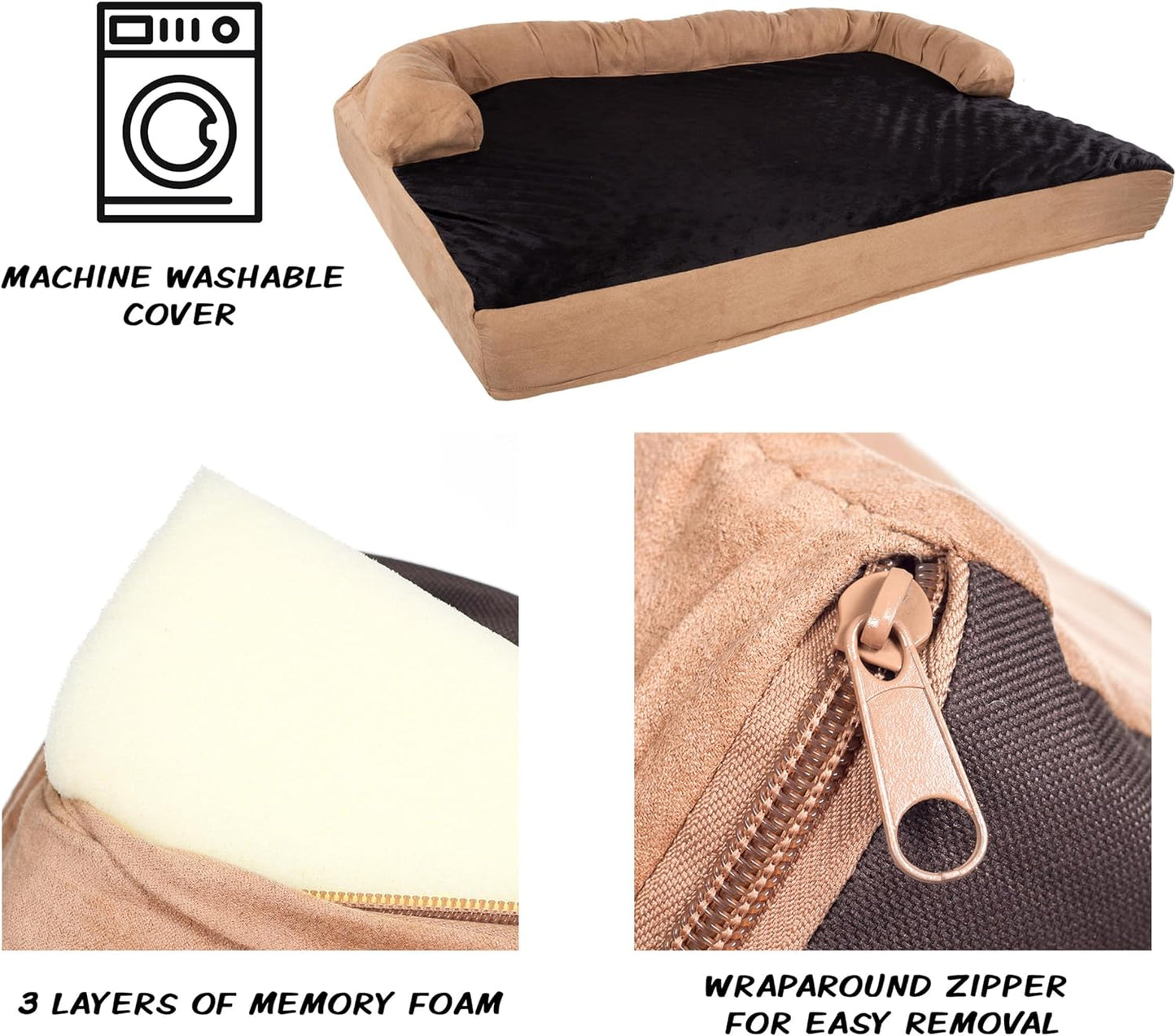 Sofa Dog Bed – 35.5X25.5 Pet Bed - 3-Layer Orthopedic Dog Couch with Cooling Gel, Memory Foam and Neck Bolster (Tan/Black), Large