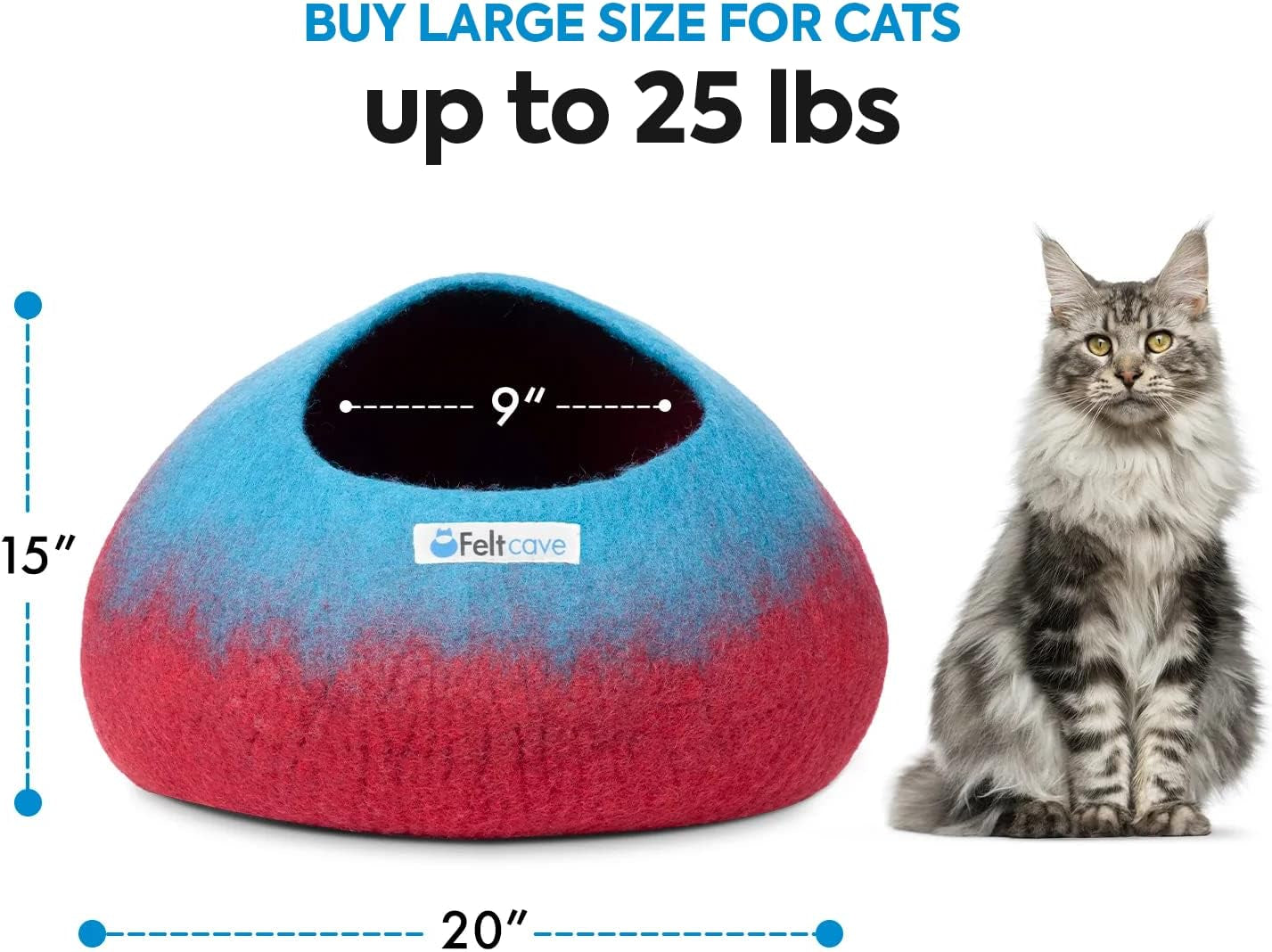 Large Cat Cave Bed | Maroon & Aqua | Cute and Cozy Cat Cave Handcrafted Merino Wool | Hideaway for Indoor Cats | Warming Nest for Kitty | Washable Wool Fabric - Gift for Pets