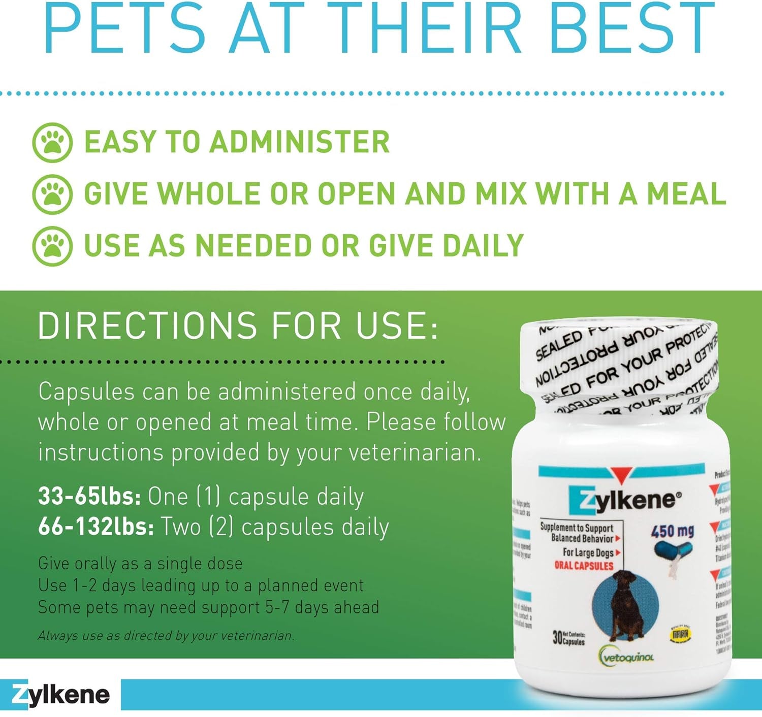 Zylkene Calming Support Supplement for Large Dogs 33-132Lbs, Helps Promote Relaxation and Reduce External Stress Factors, Daily Behavioral Support and Anxiety Relief for Dogs, 450Mg