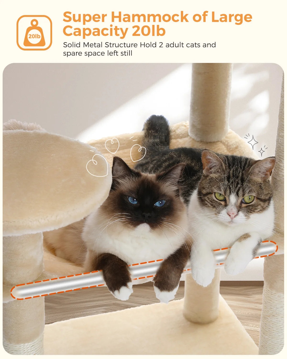 Cat Tree 56" Sisal Scratching Posts Tower with Large Perch Hammock for All Indoor Cats,Upgrade Beige