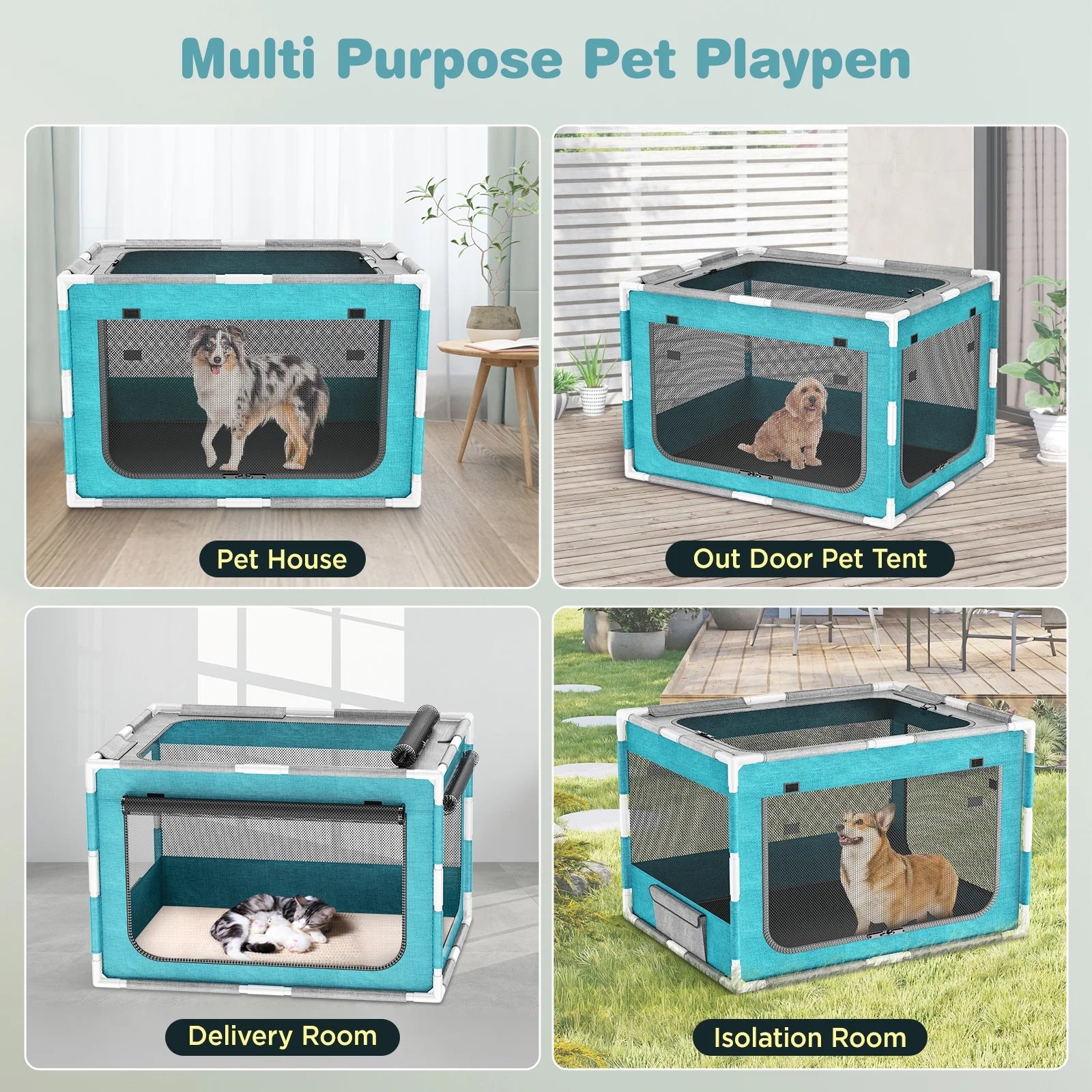 Dog Playpen Sturdy with Gate,34 In-Pet Kennel Crate Indoor for Puppies Cat Small Dogs,Dog Fence Pet Playpen Outdoor with Safety PVC Frame
