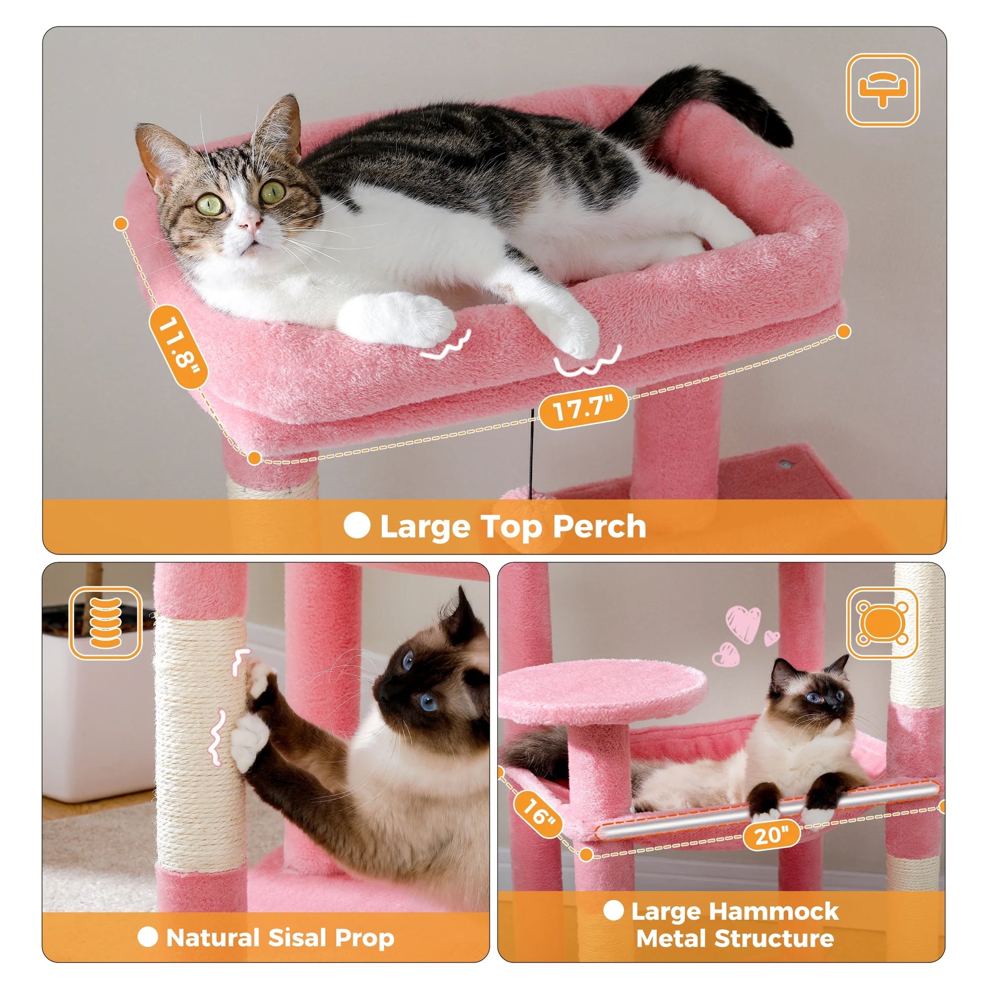 Cat Tree 56" Sisal Scratching Posts Tower with Large Perch Hammock for All Indoor Cats,Pink