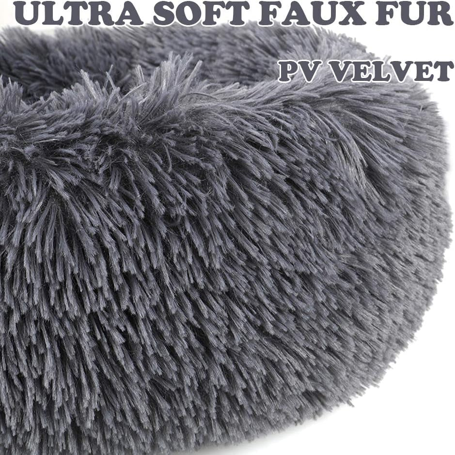 round Donut Dog Bed for Small Dogs, Washable Cat Calming Bed Cuddler anti Anxiety Fluffy Plush Dog Cat Bed with Non-Slip Waterproof Bottom (23.6", Dark Grey)