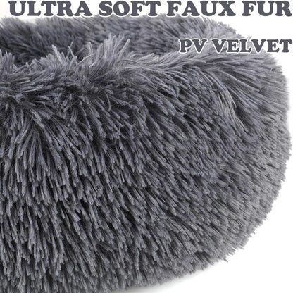 round Donut Dog Bed for Small Dogs, Washable Cat Calming Bed Cuddler anti Anxiety Fluffy Plush Dog Cat Bed with Non-Slip Waterproof Bottom (23.6", Dark Grey)