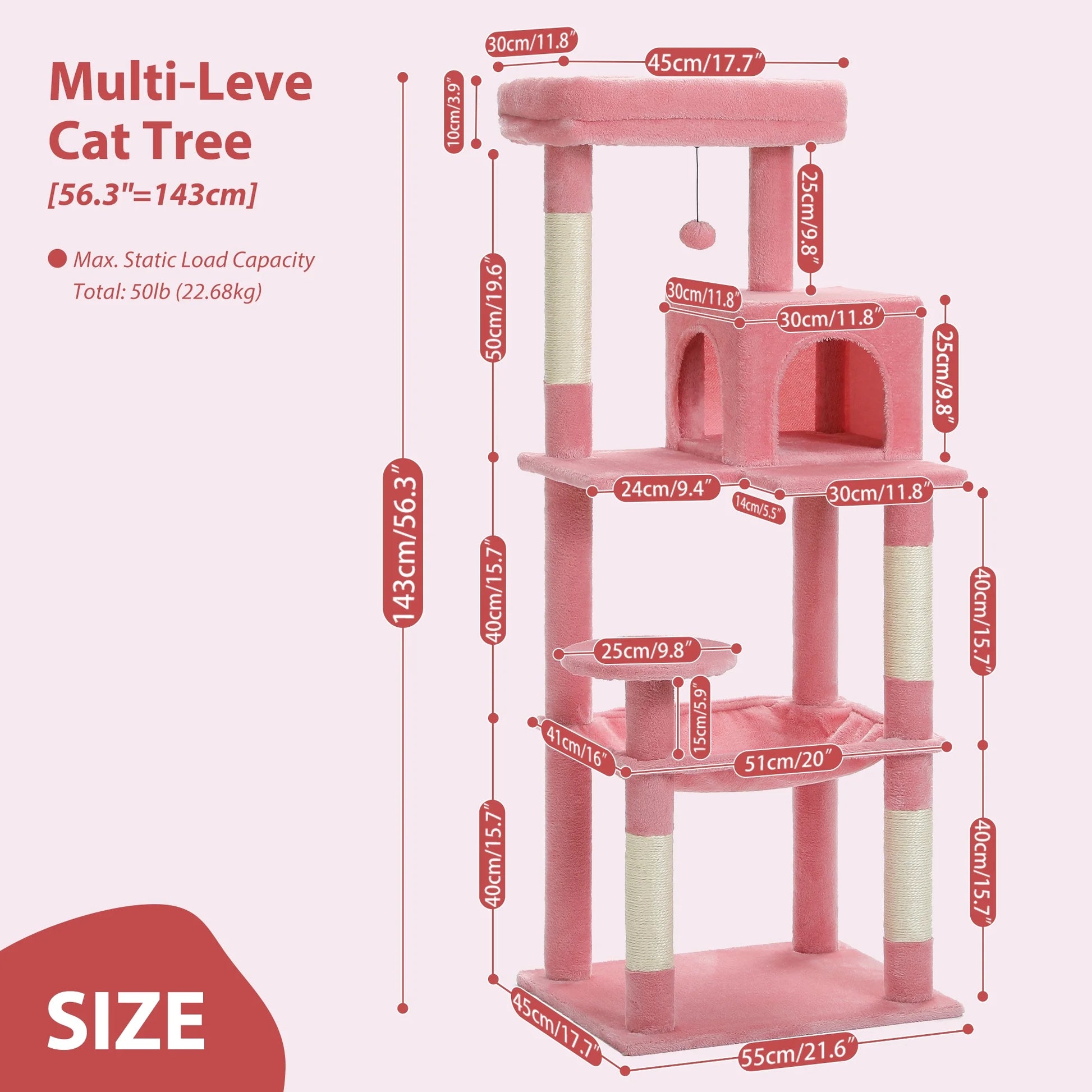 Cat Tree 56" Sisal Scratching Posts Tower with Large Perch Hammock for All Indoor Cats,Pink