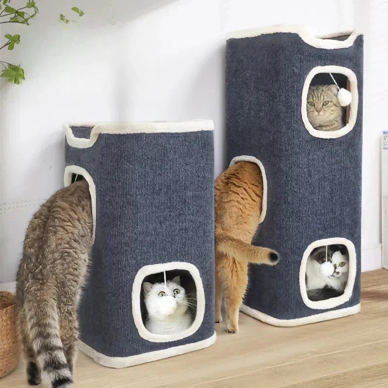3-Tiers Cat Bed Pet House Covered Cave with Soft Mat Large Hideaway Cat Tent with Fluffy Ball Hanging