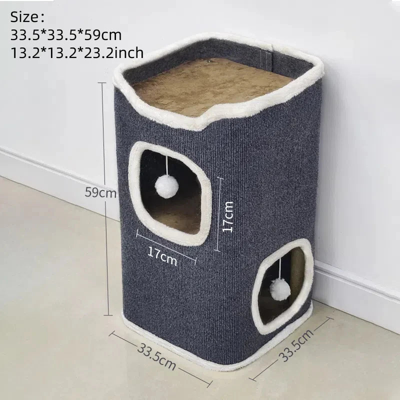 3-Tiers Cat Bed Pet House Covered Cave with Soft Mat Large Hideaway Cat Tent with Fluffy Ball Hanging