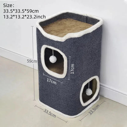 3-Tiers Cat Bed Pet House Covered Cave with Soft Mat Large Hideaway Cat Tent with Fluffy Ball Hanging