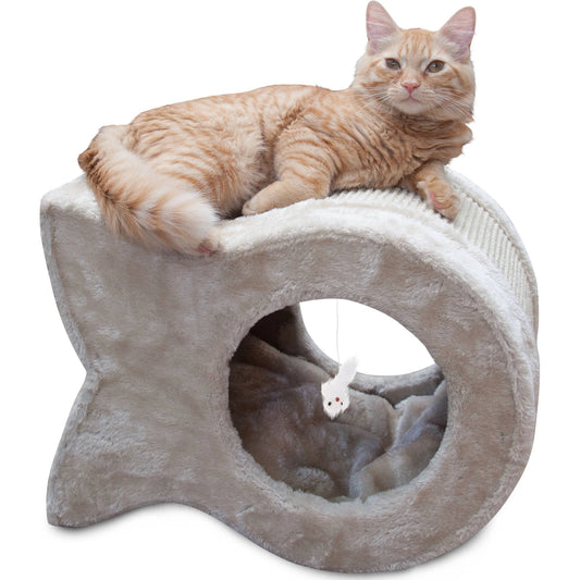 | Kitty Cave Cat Scratcher, Fish Sisal Scratching Pad, Faux Fur and Sisal, Beige