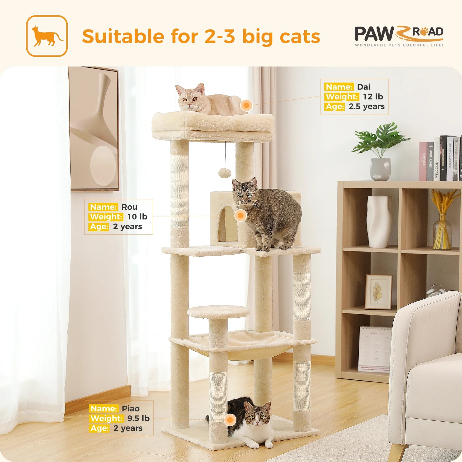 Cat Tree 56" Sisal Scratching Posts Tower with Large Perch Hammock for All Indoor Cats,Upgrade Beige