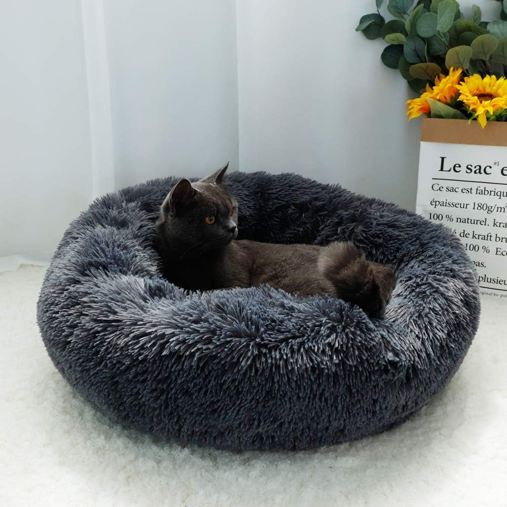 round Donut Dog Bed for Small Dogs, Washable Cat Calming Bed Cuddler anti Anxiety Fluffy Plush Dog Cat Bed with Non-Slip Waterproof Bottom (23.6", Dark Grey)