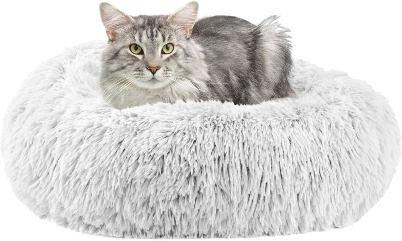 Calming Dog Bed & Cat Bed, Dog Beds for Small Medium Large Dogs, Anti-Anxiety Cat Beds for Indoor Cats, Cozy Soft Dog round Bed, Machine Washable Fluffy Small Dog Bed(16"/20"/23"/30") (Grey 20"