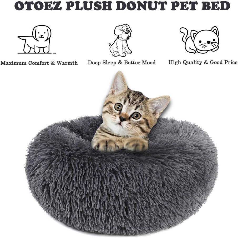 round Donut Dog Bed for Small Dogs, Washable Cat Calming Bed Cuddler anti Anxiety Fluffy Plush Dog Cat Bed with Non-Slip Waterproof Bottom (23.6", Dark Grey)