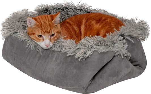 Self-Warming Cat Bed for Indoor Cats, 4-Beds-In-1 & Washable - Plush Long Faux Fur Convertible Cuddler - Gray, Small