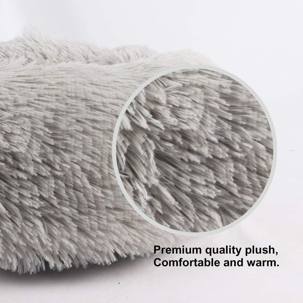 Long Plush Comfy Calming & Self-Warming Bed for Dog & Cat, anti Anxiety, Furry, Soothing, Fluffy, Washable Ped Bed (Large, Gray)