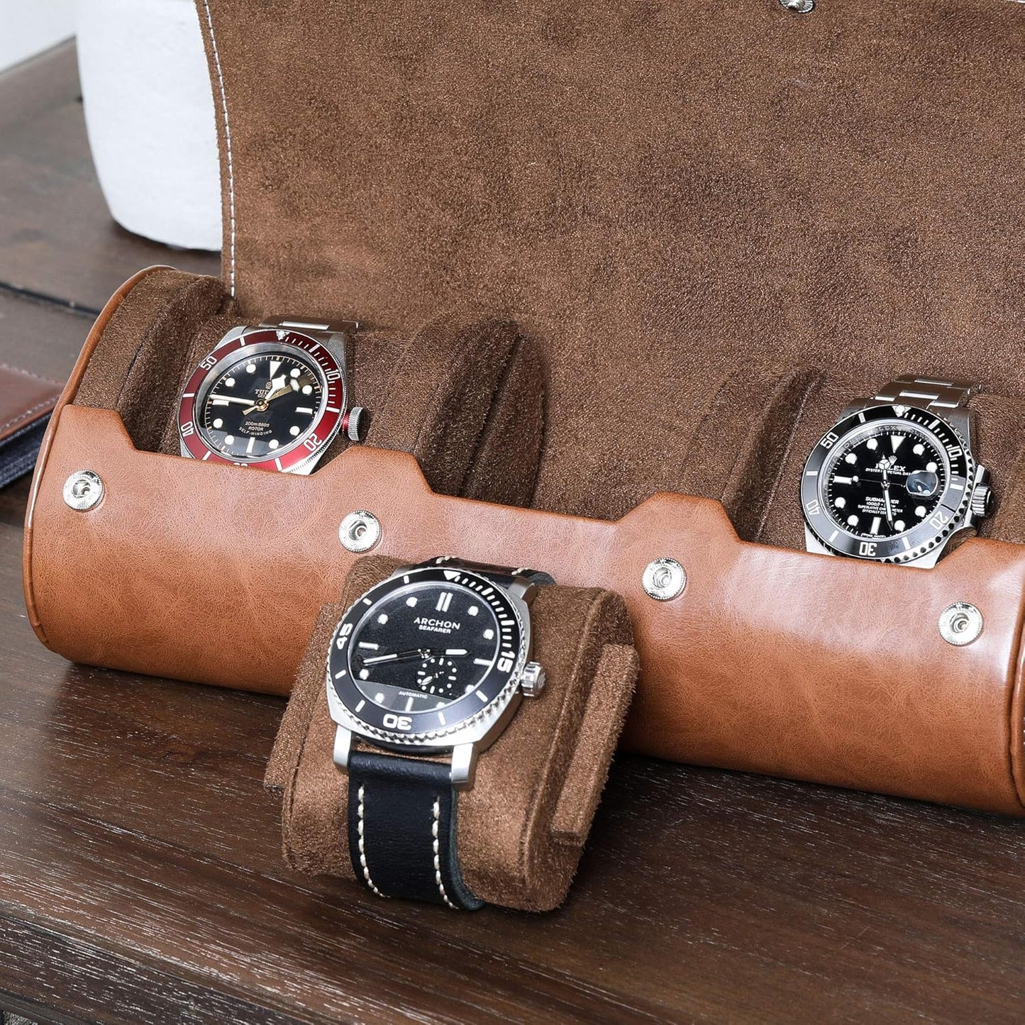 Watch Roll Travel Case for 3 Watches | Tough Portable Protection, Fits All Wrist Watch & Smart Watches up to 50Mm (Tan/Brown)