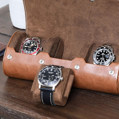 Watch Roll Travel Case for 3 Watches | Tough Portable Protection, Fits All Wrist Watch & Smart Watches up to 50Mm (Tan/Brown)