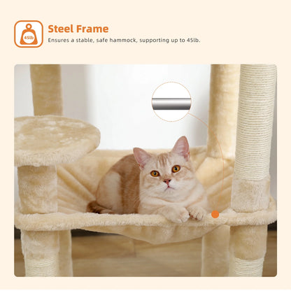 Cat Tree 56" Sisal Scratching Posts Tower with Large Perch Hammock for All Indoor Cats,Upgrade Beige