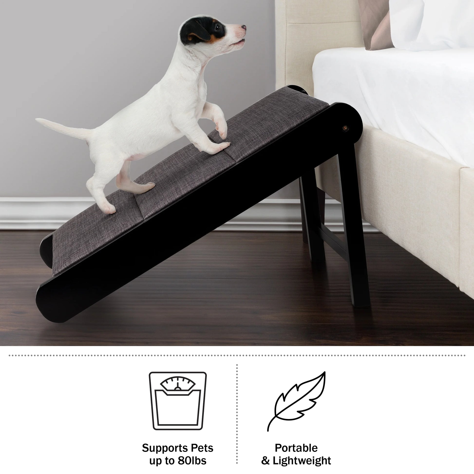 Foldable Wooden Pet Ramp for Bed, Couch, or Vehicle (Black/Gray)