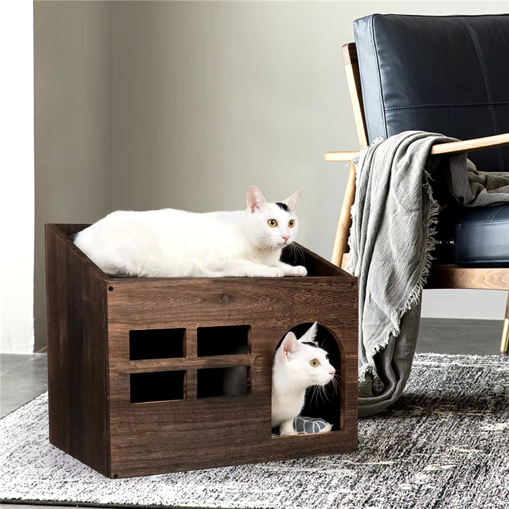 Durable Wooden Cat Cave Bed Furniture Kitten Sleep Lounge House Bed with Cushion Pad Litter Box for Indoor Cats