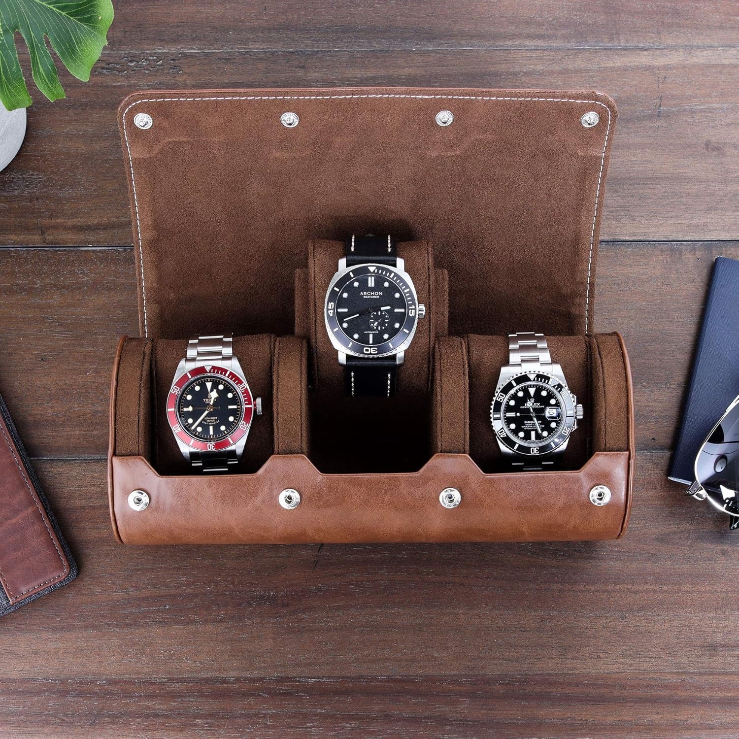 Watch Roll Travel Case for 3 Watches | Tough Portable Protection, Fits All Wrist Watch & Smart Watches up to 50Mm (Tan/Brown)