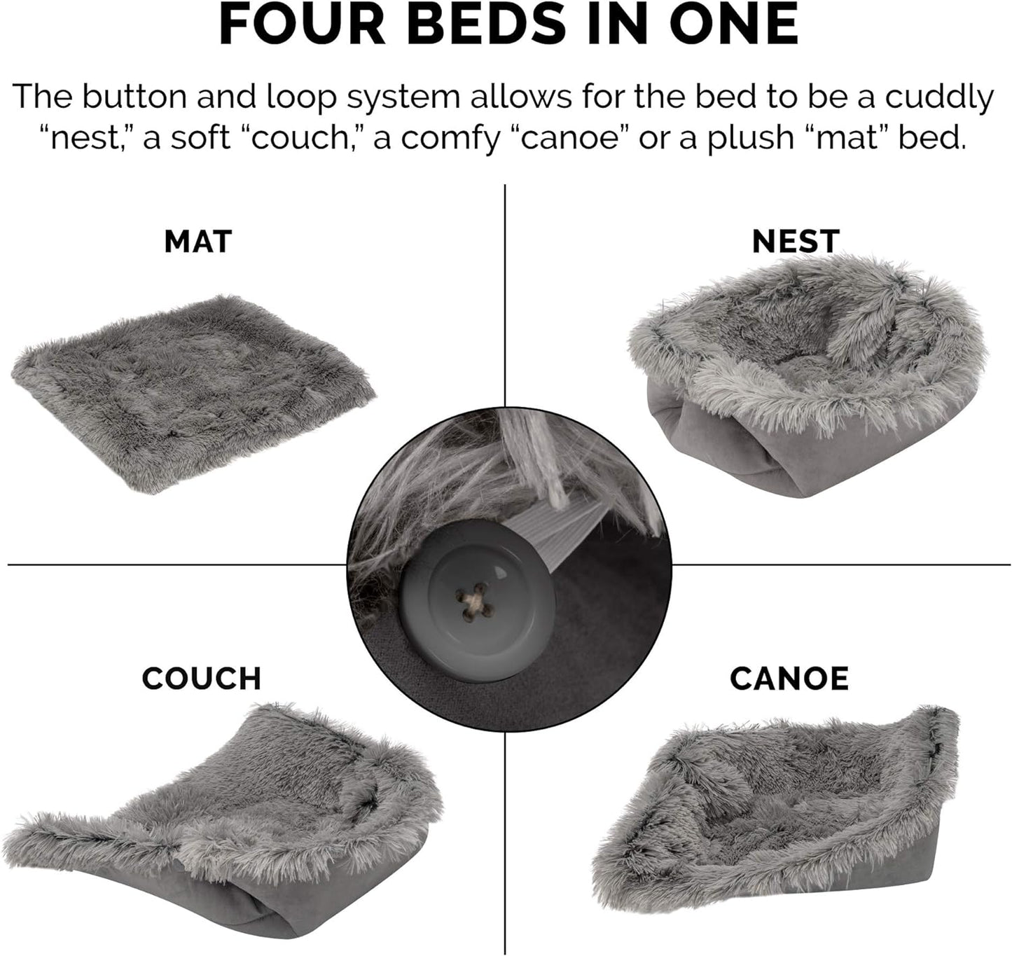 Self-Warming Cat Bed for Indoor Cats, 4-Beds-In-1 & Washable - Plush Long Faux Fur Convertible Cuddler - Gray, Small