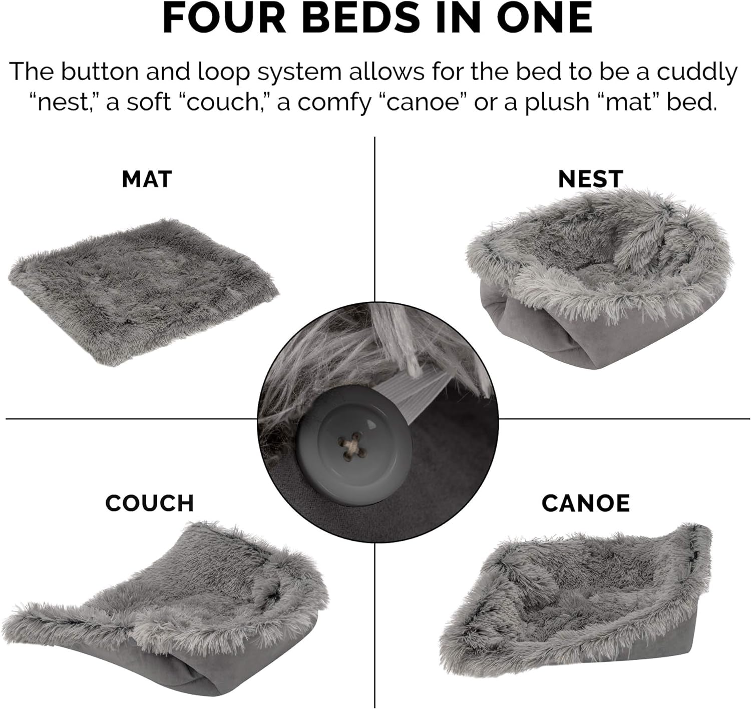 Self-Warming Cat Bed for Indoor Cats, 4-Beds-In-1 & Washable - Plush Long Faux Fur Convertible Cuddler - Gray, Small