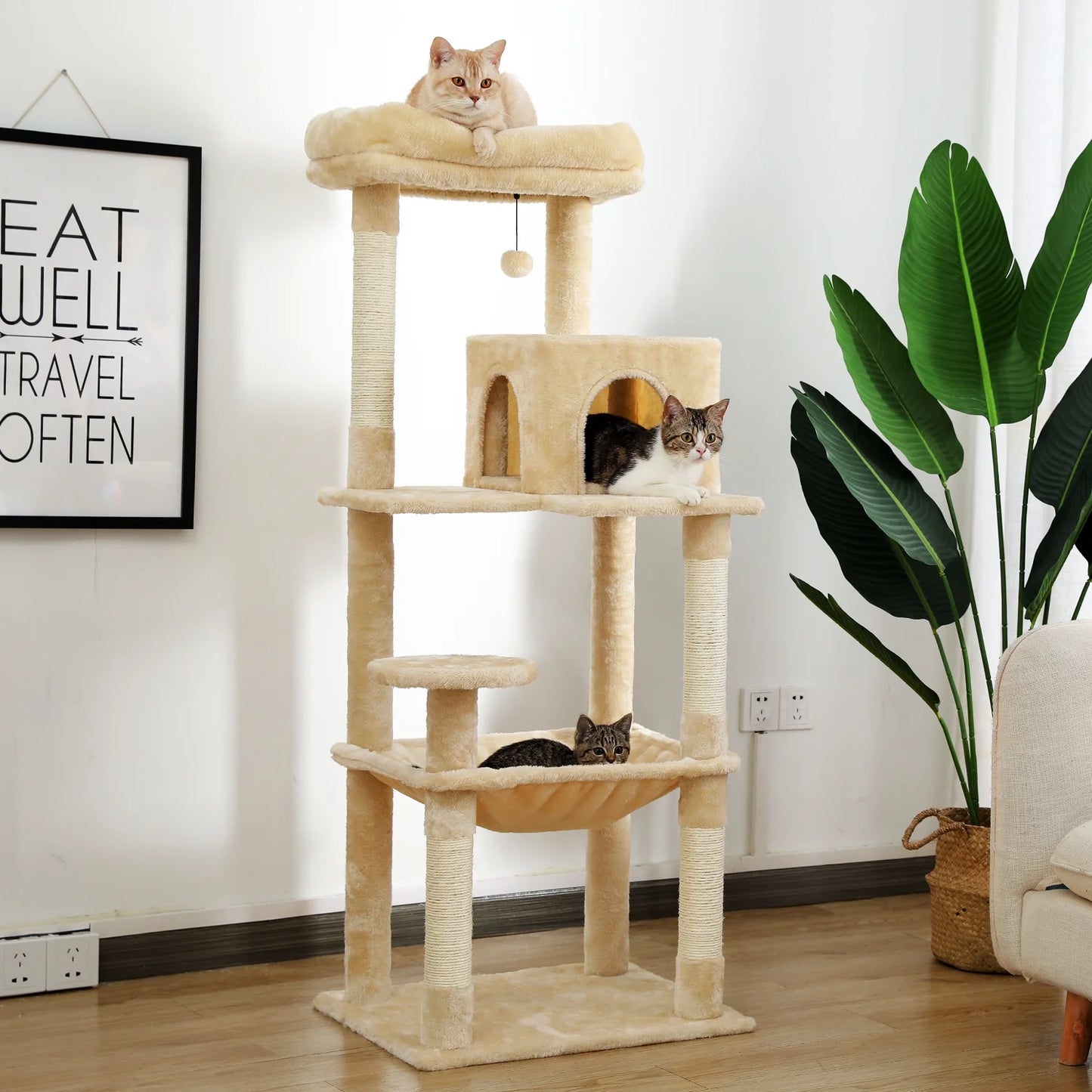 Cat Tree 56" Sisal Scratching Posts Tower with Large Perch Hammock for All Indoor Cats,Upgrade Beige