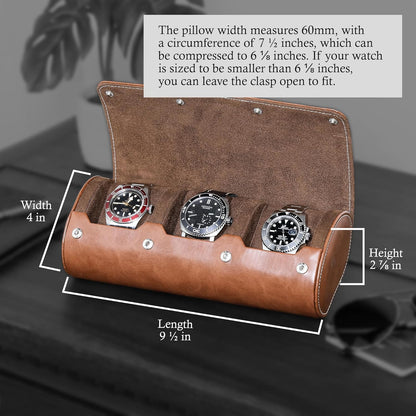 Watch Roll Travel Case for 3 Watches | Tough Portable Protection, Fits All Wrist Watch & Smart Watches up to 50Mm (Tan/Brown)
