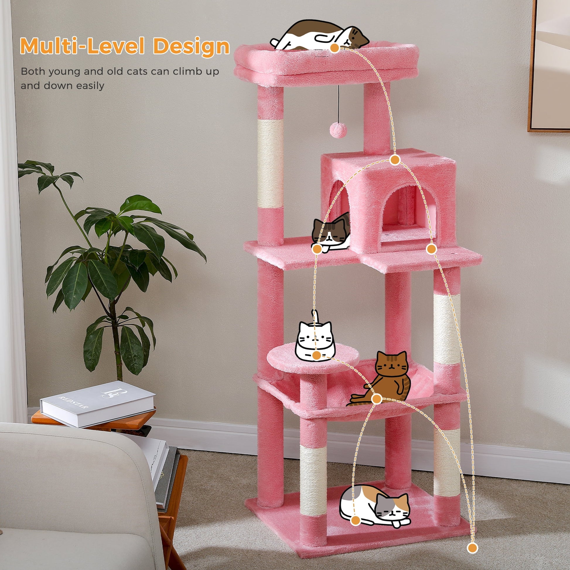 Cat Tree 56" Sisal Scratching Posts Tower with Large Perch Hammock for All Indoor Cats,Pink
